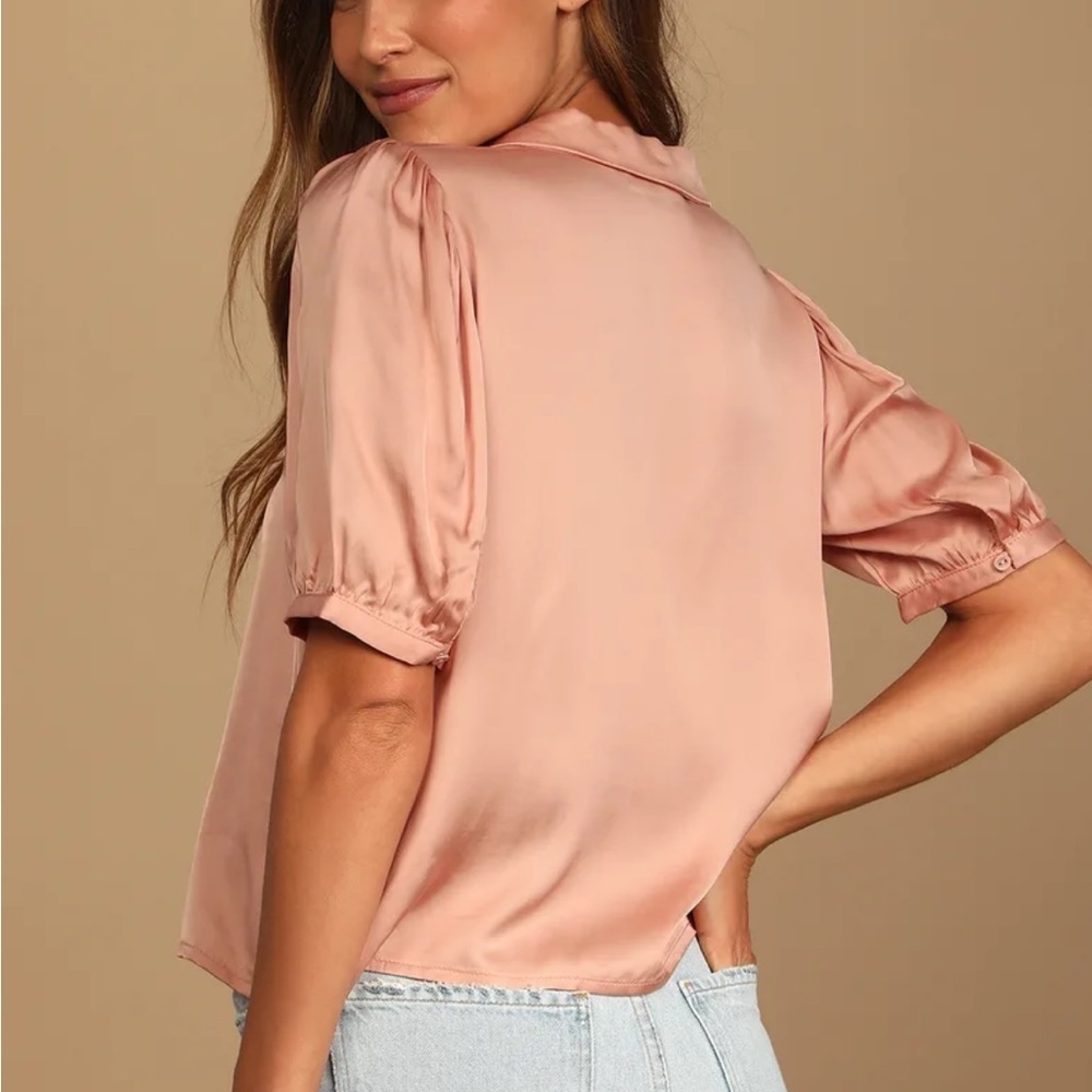 Lulus Sweet and Chic Dusty Pink Satin Button-Up Short Sleeve Top - Picture 3 of 11